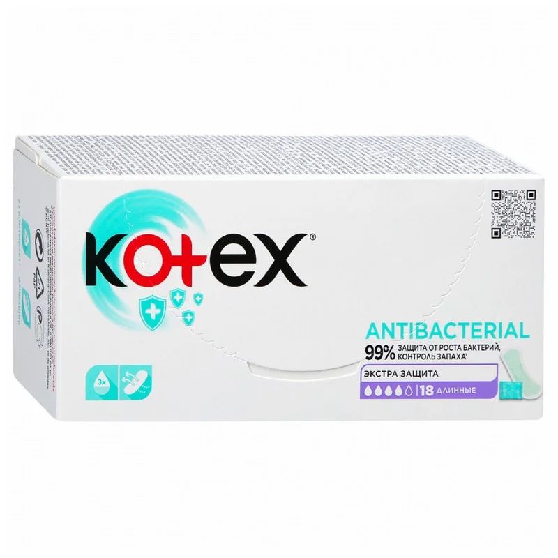 Ежедневные гигиенические прокладки Antibacterial Длинные 18 штук Kotex