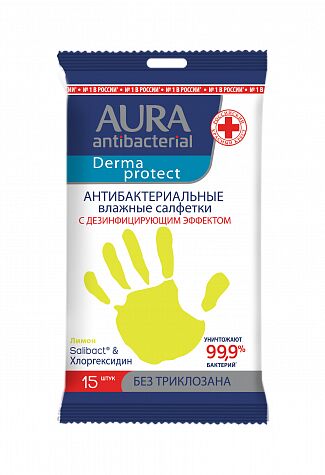 Влажные салфетки антибактериальные AURA ЛИМОН стикер-ручка 15 шт